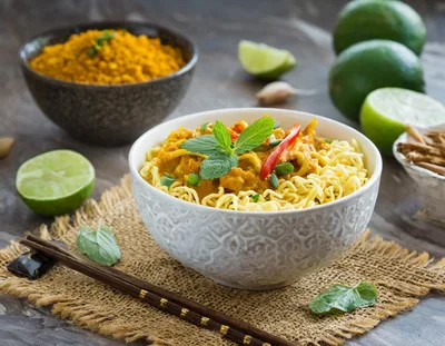 Bowl Of Curry Noodles With Fresh Herbs And Lime