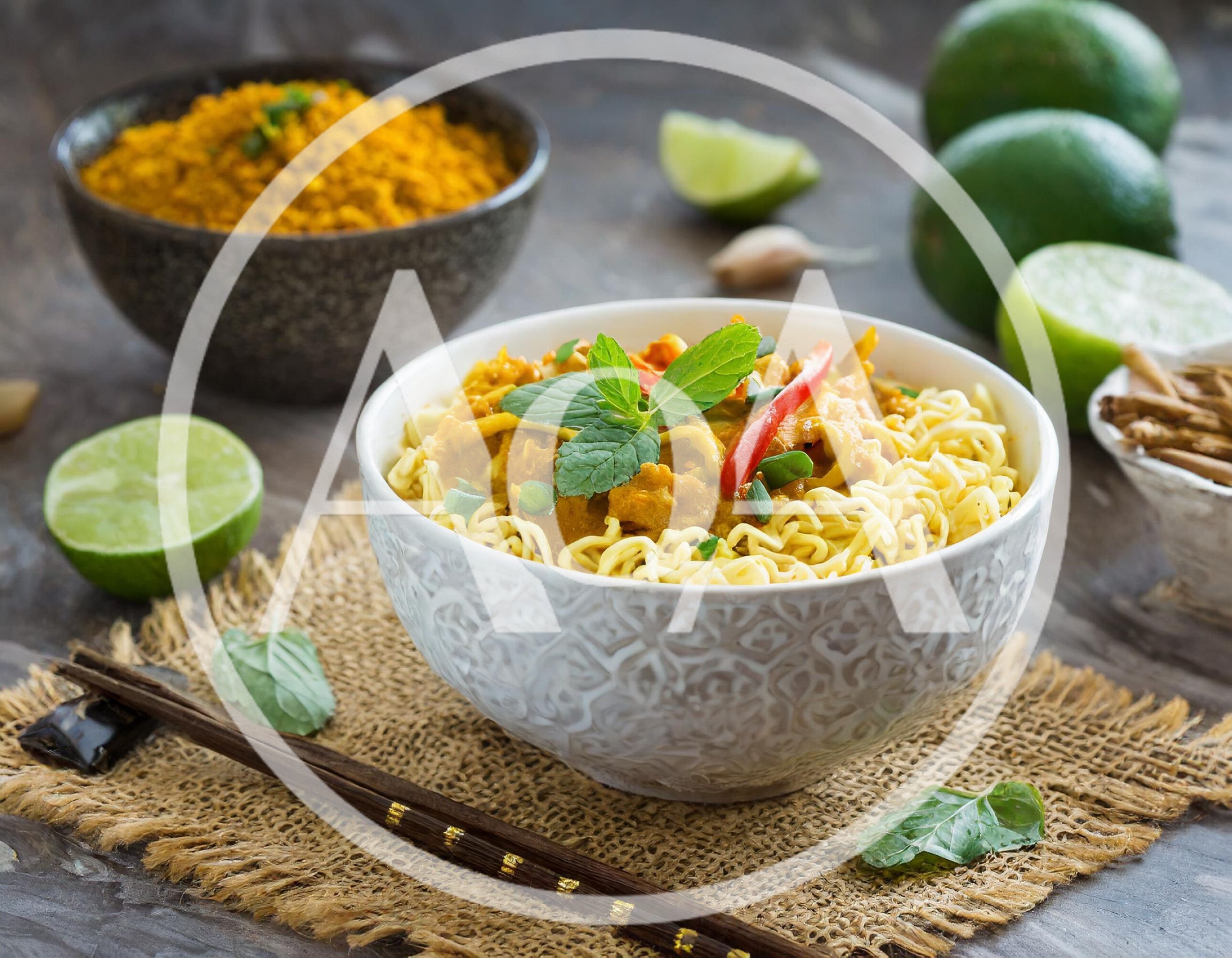 Bowl Of Curry Noodles With Fresh Herbs And Lime