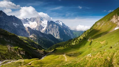 Scenic Alpine Valley With Snow Capped Mountain Peaks
