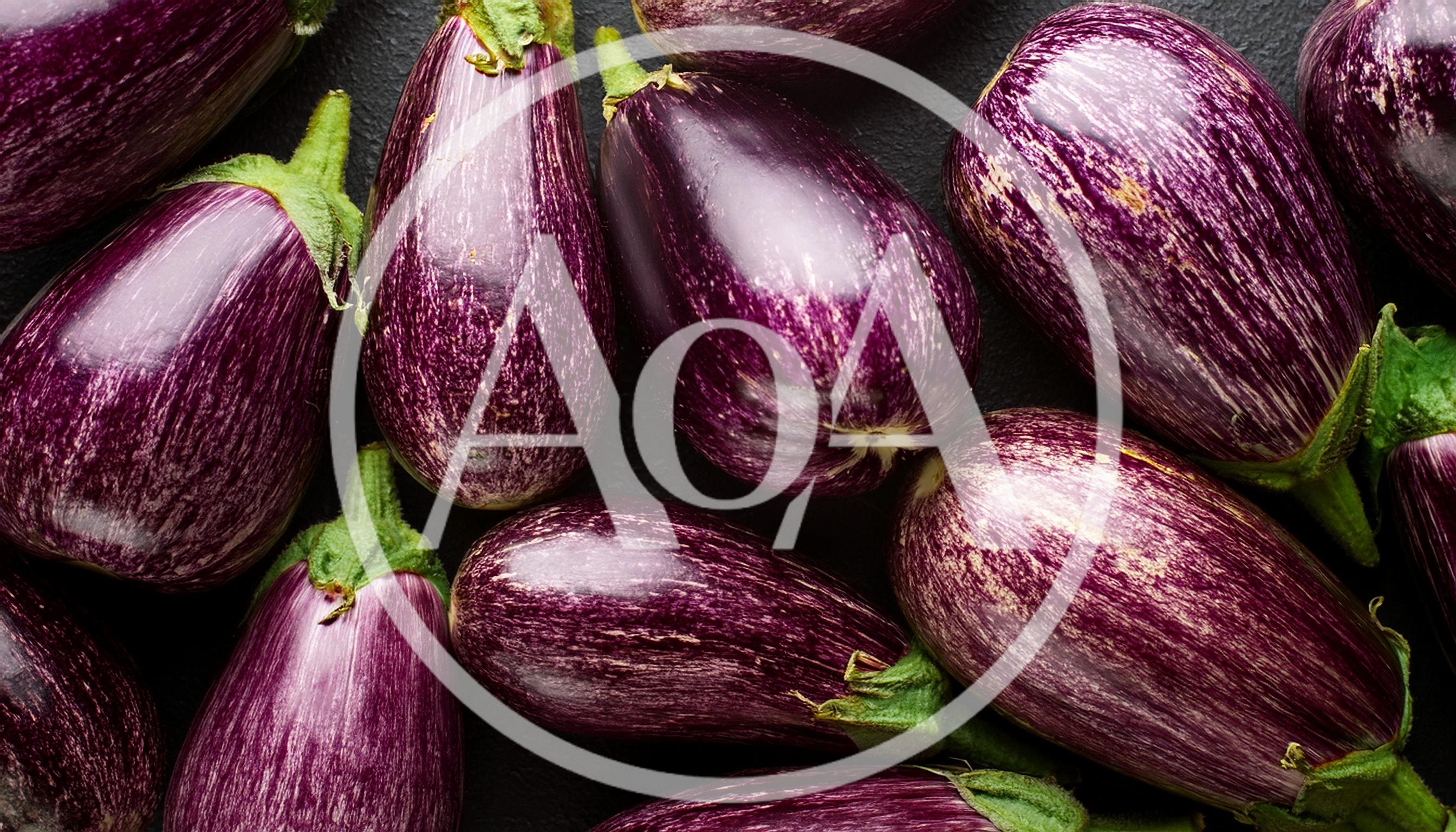 Fresh Ripe Graffiti Eggplants on Dark Background