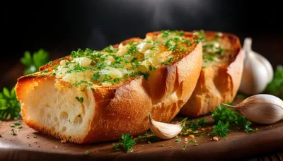 Freshly Baked Garlic Bread With Herbs On Wooden Board