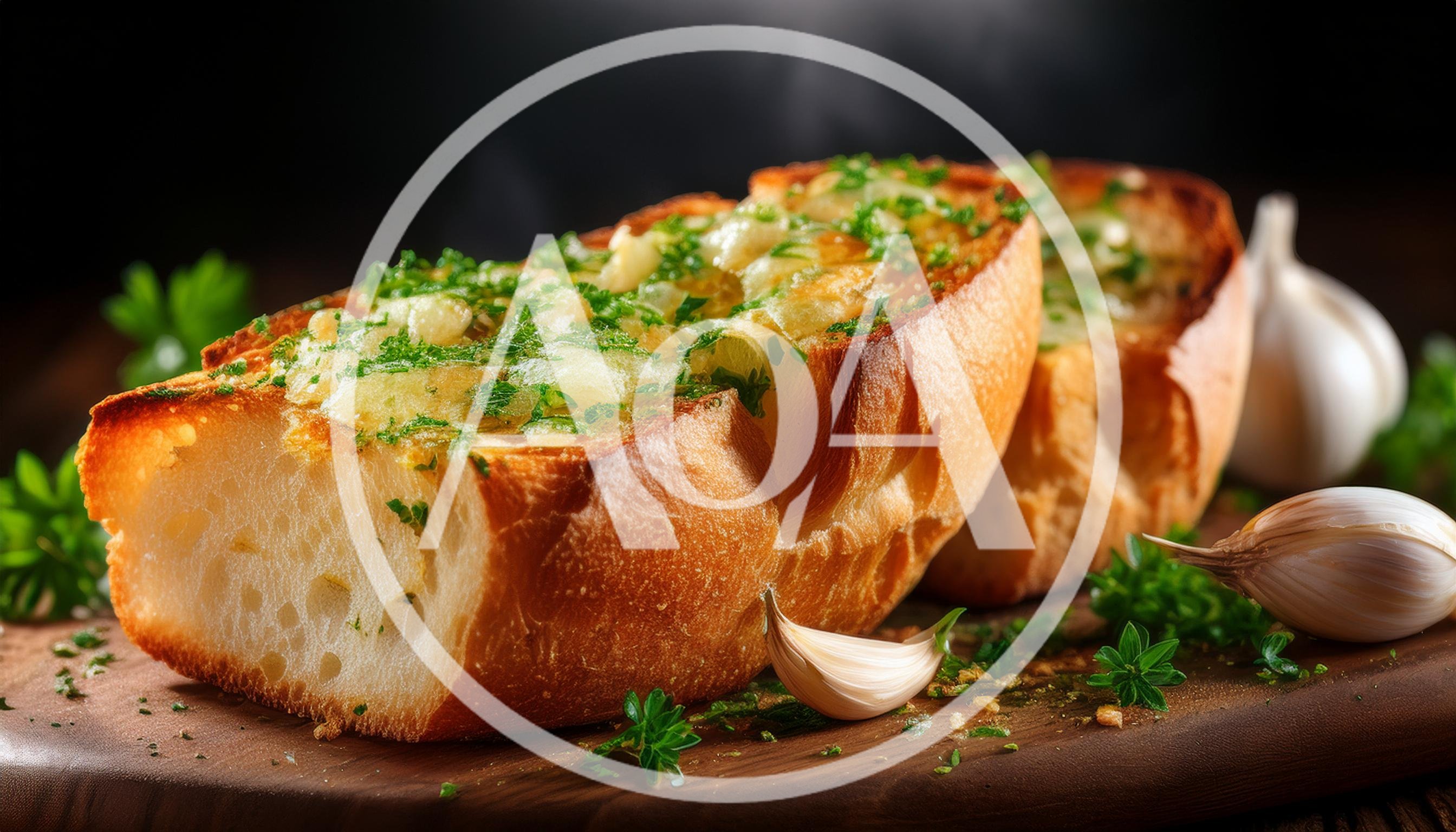 Freshly Baked Garlic Bread With Herbs On Wooden Board