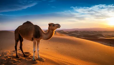 Dromedary Camel Standing On Sahara Desert Sand Dunes