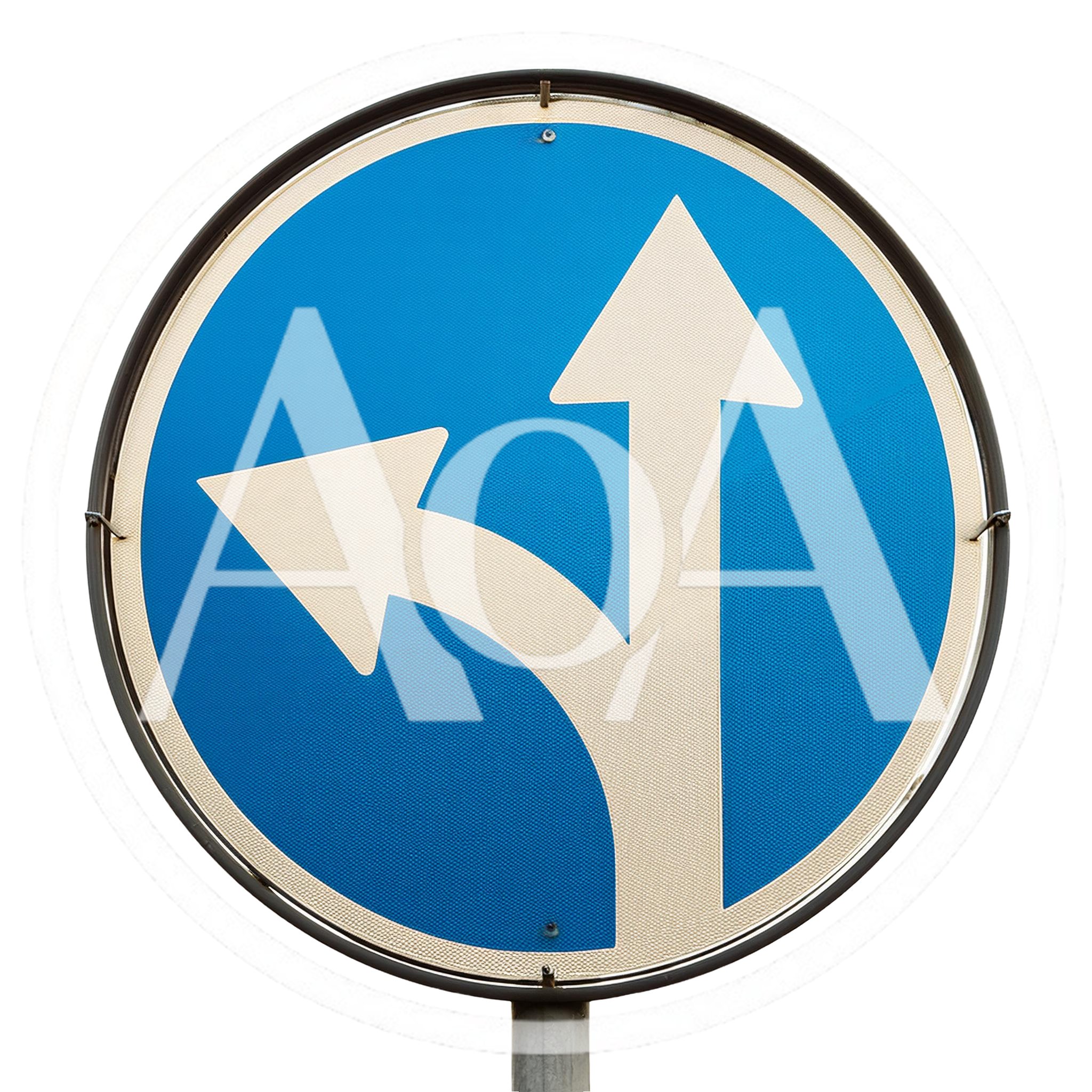 Blue Circular Road Sign With Left Turn And Straight Arrow