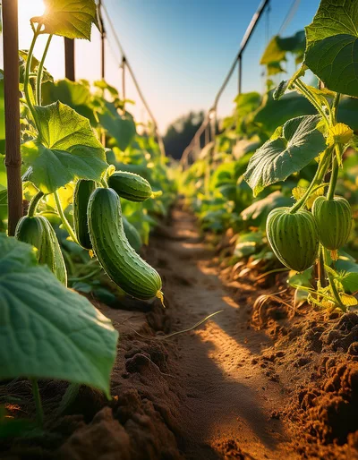 Fresh Cucumbers Growing In A Sunny Greenhouse Garden