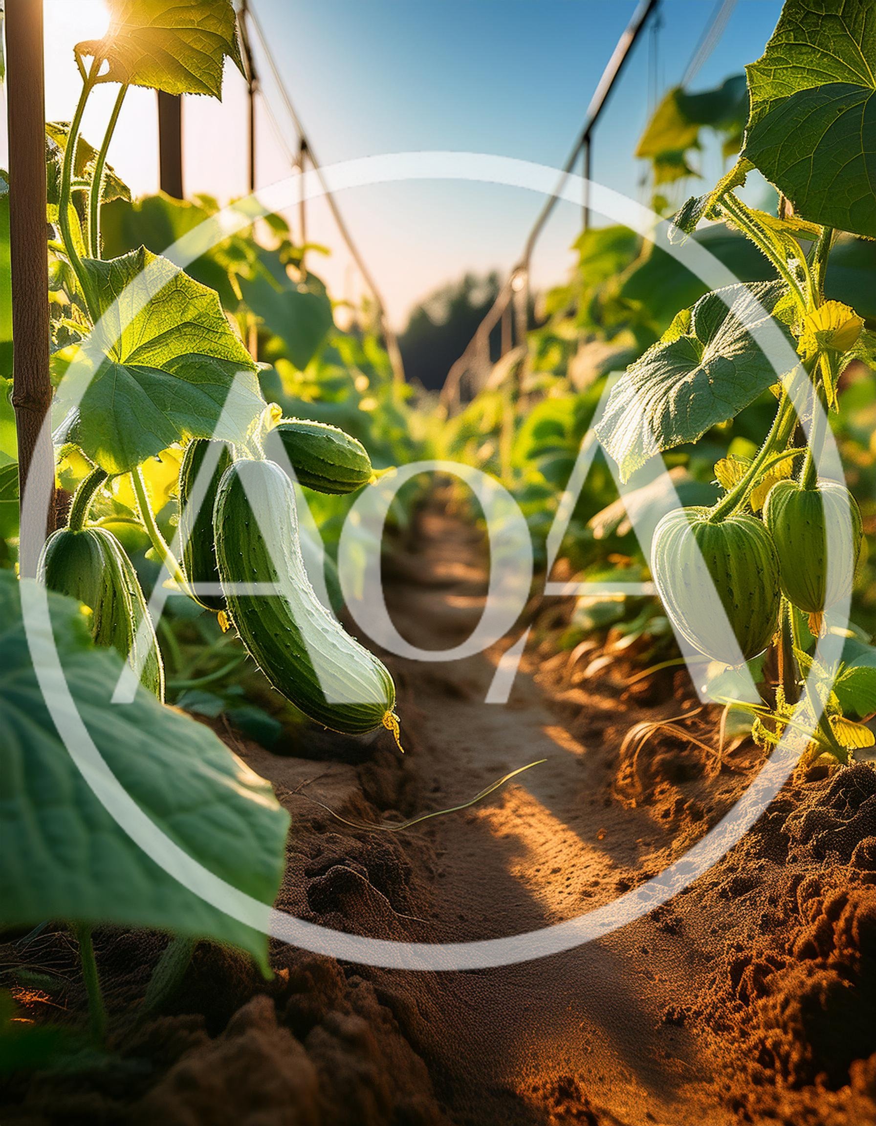 Fresh Cucumbers Growing In A Sunny Greenhouse Garden