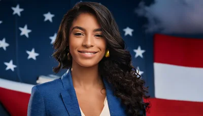 Professional Woman Smiling In Front Of American Flag