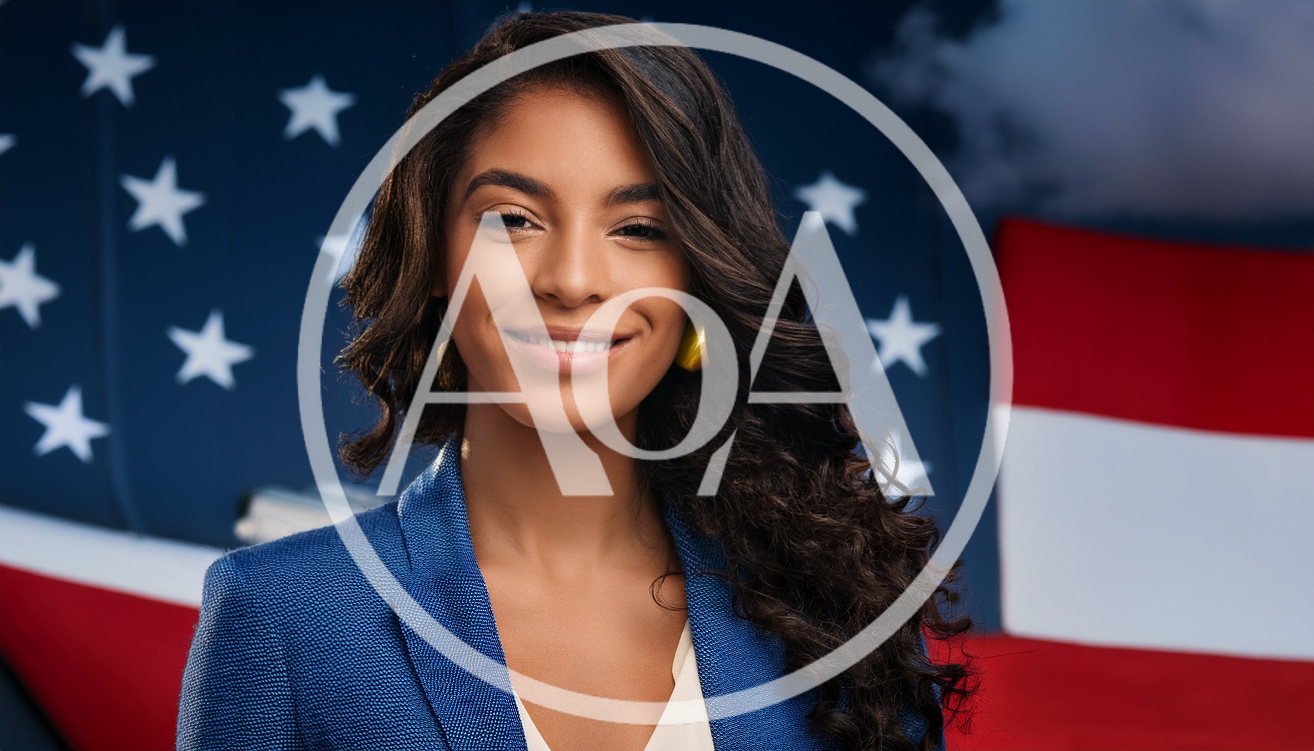 Professional Woman Smiling In Front Of American Flag