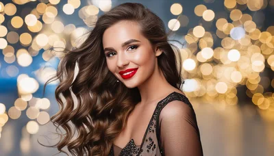 Beautiful Woman With Wavy Hair And Red Lipstick