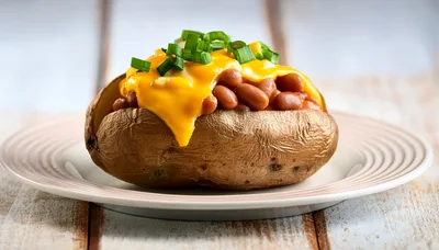 Baked Potato Topped With Beans And Melted Cheese