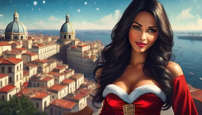 Beautiful Woman In Santa Costume Overlooking Mediterranean City