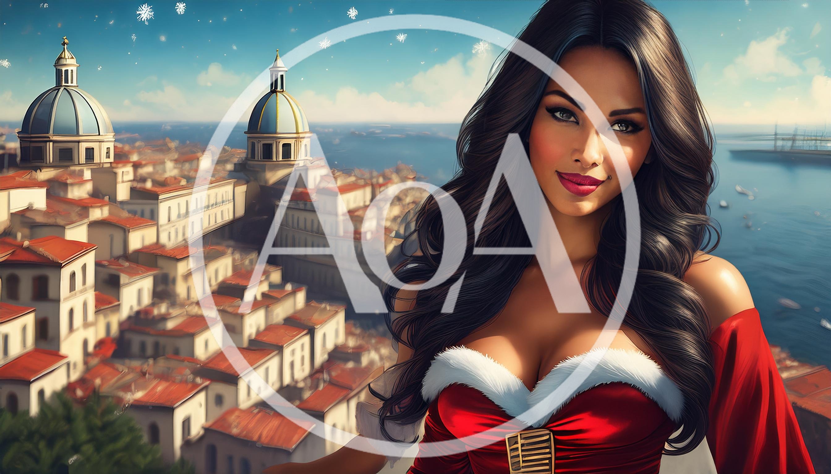 Beautiful Woman In Santa Costume Overlooking Mediterranean City