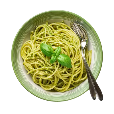 Spaghetti With Pesto Sauce In A Green Bowl