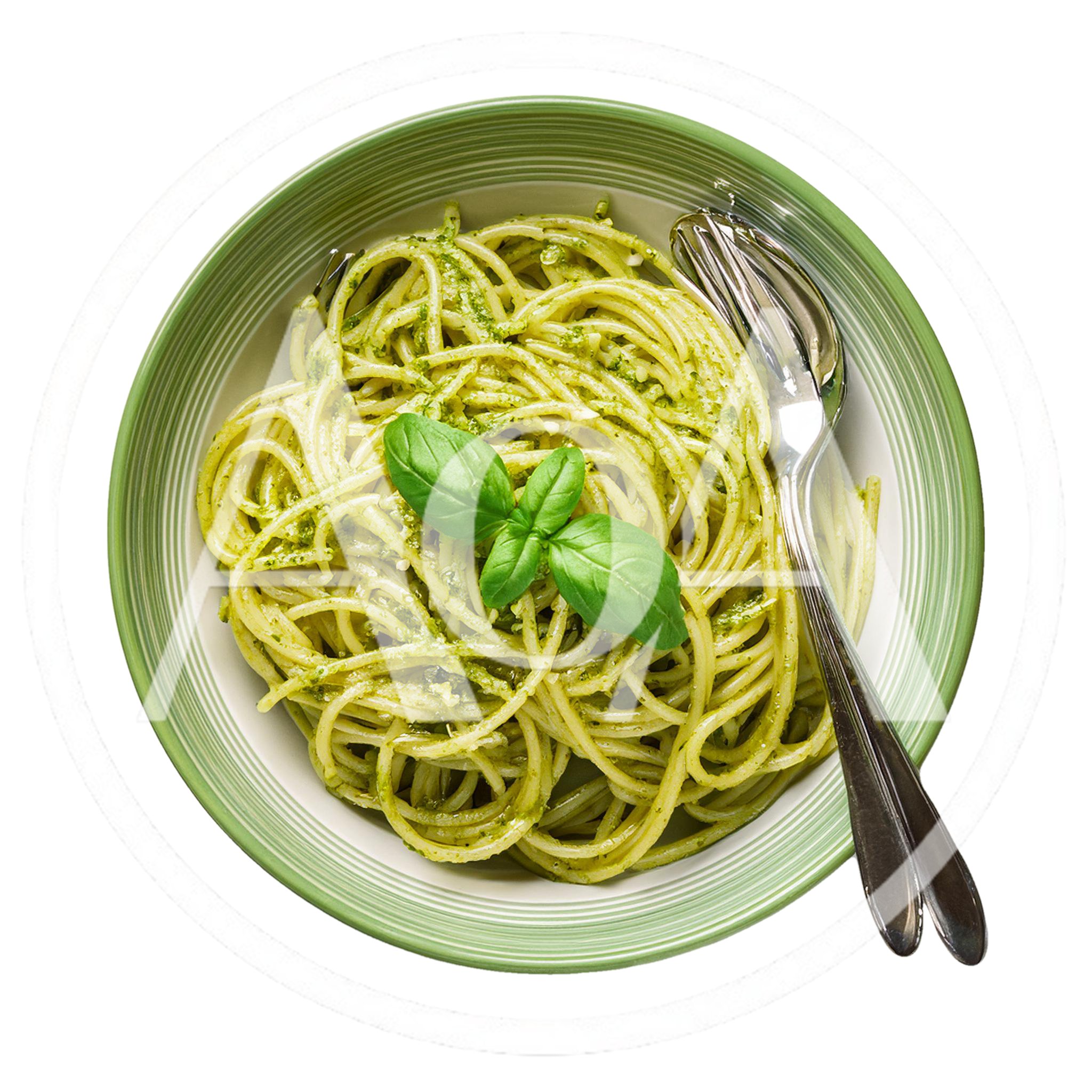 Spaghetti With Pesto Sauce In A Green Bowl