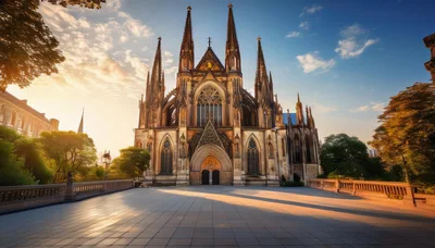 Gothic Cathedral Exterior At Sunset