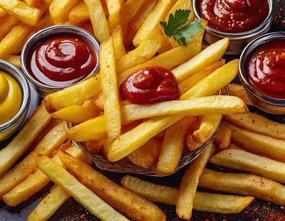 Golden French Fries With Ketchup And Mustard Dips