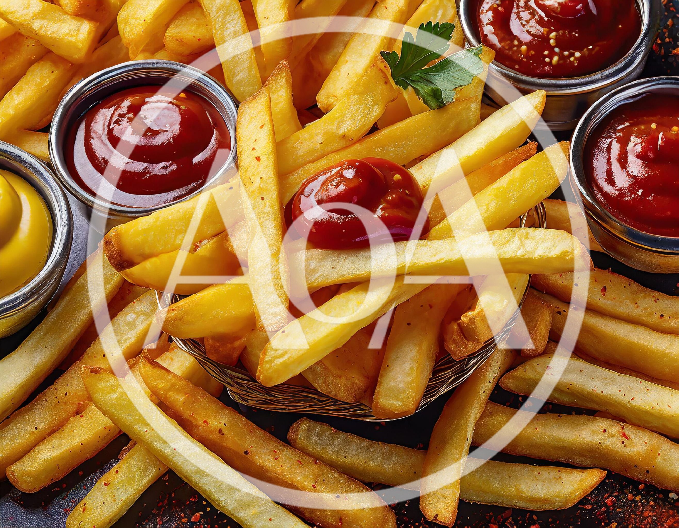 Golden French Fries With Ketchup And Mustard Dips