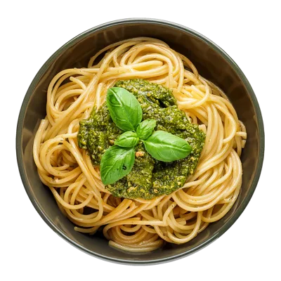 Spaghetti Pasta With Pesto Sauce In A Bowl