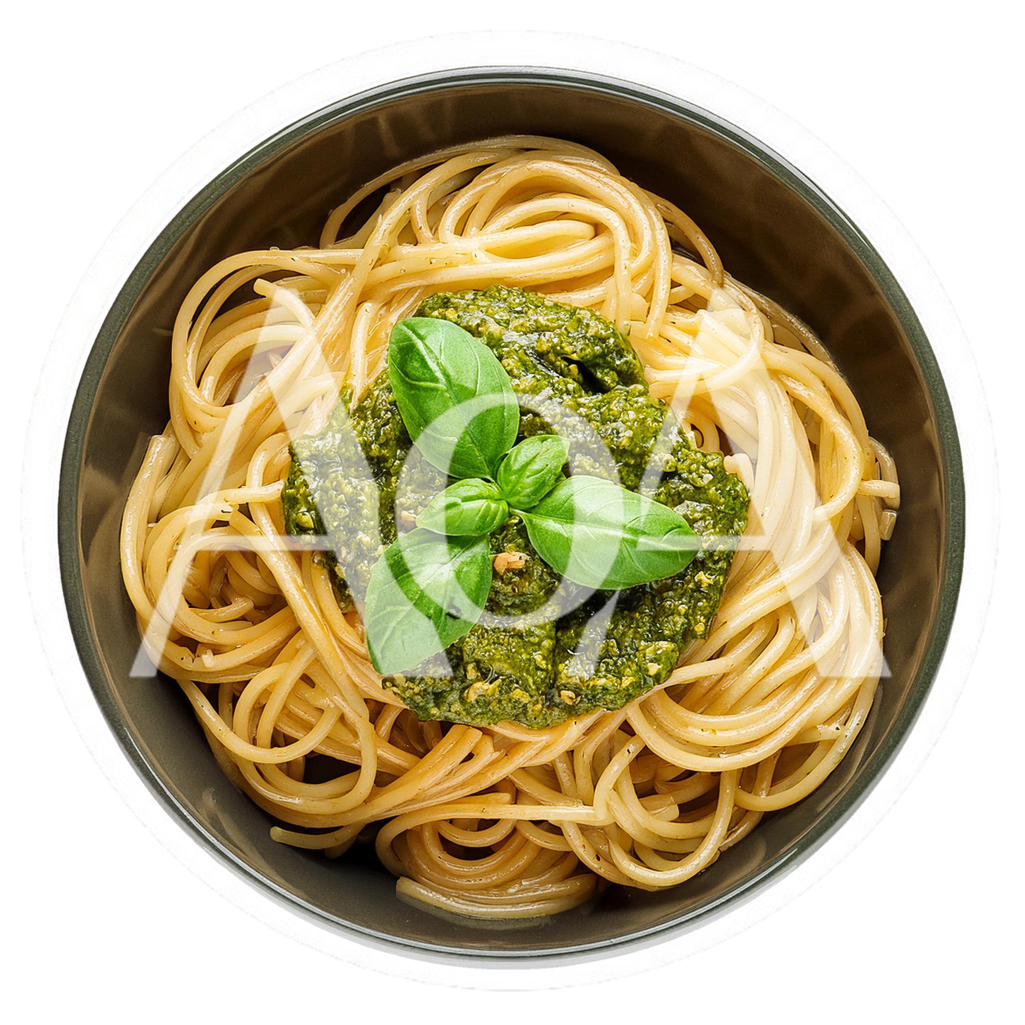 Spaghetti Pasta With Pesto Sauce In A Bowl