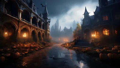 Spooky Gothic Mansion Street With Pumpkins At Night