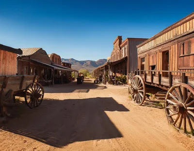 Old West Town Street With Wooden Wagons
