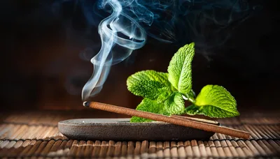 Burning Incense Stick With Fresh Mint Leaves