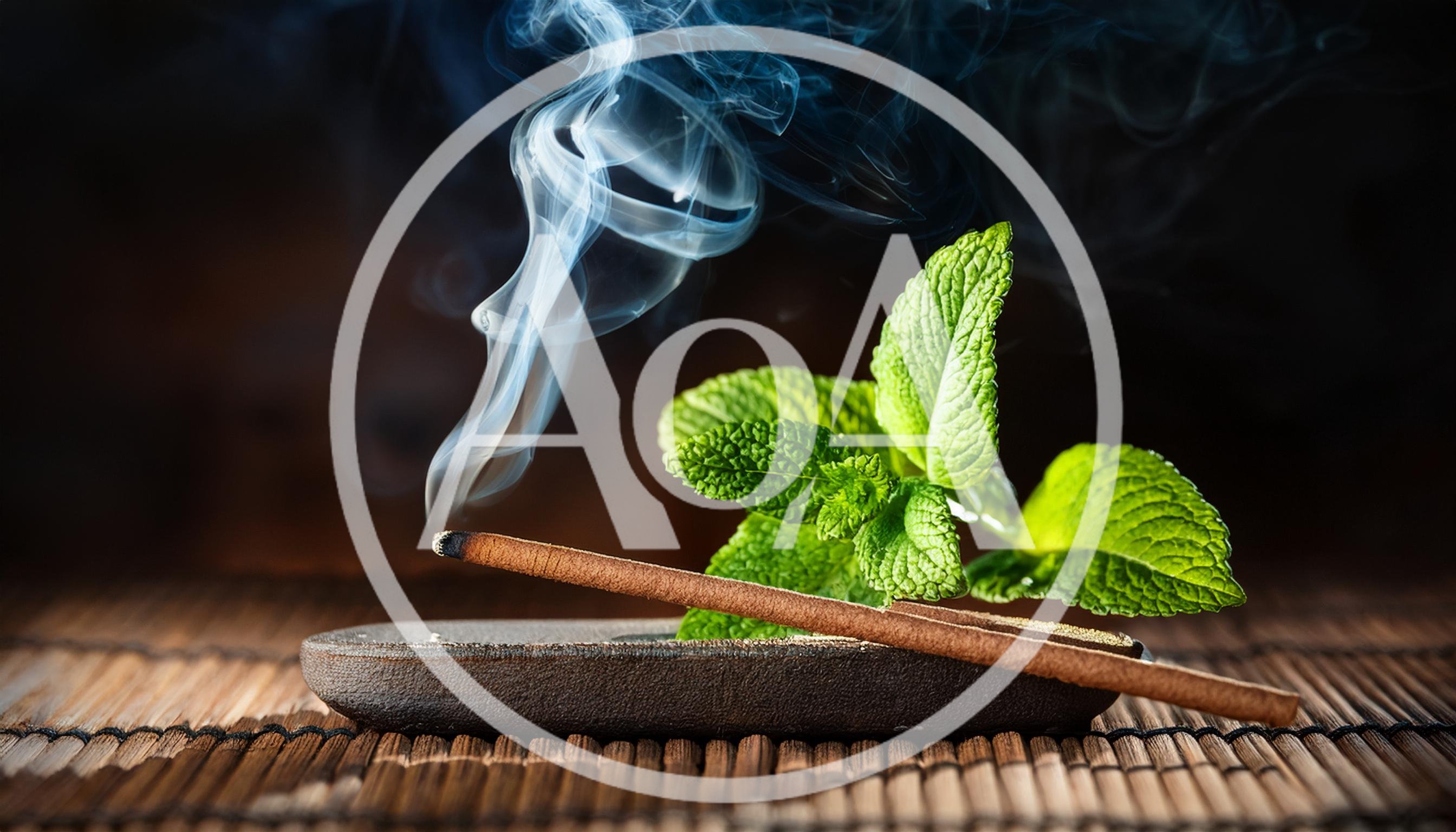 Burning Incense Stick With Fresh Mint Leaves