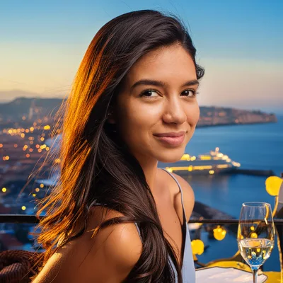 Young Woman Enjoying Sunset Dinner Overlooking Coastal City