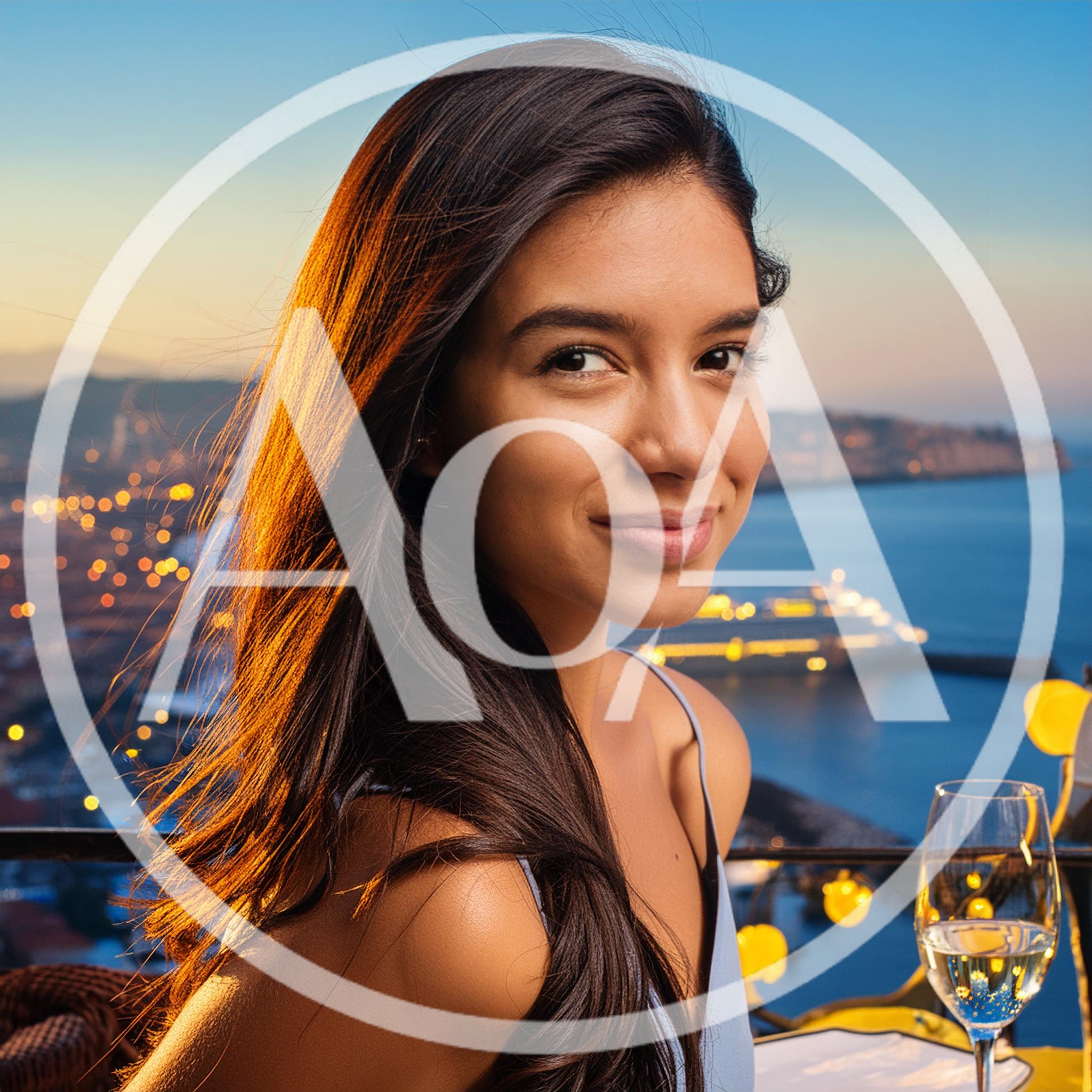 Young Woman Enjoying Sunset Dinner Overlooking Coastal City