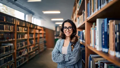 Smiling Young Woman Standing In A Library