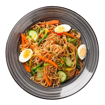Bowl Of Stir Fried Noodles With Vegetables And Eggs
