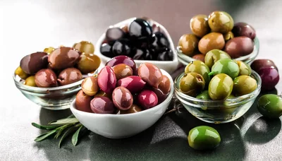 Assorted Olives in Glass and Ceramic Bowls