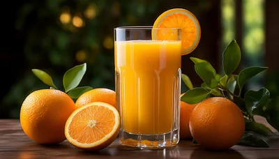Glass Of Fresh Orange Juice With Whole And Sliced Oranges