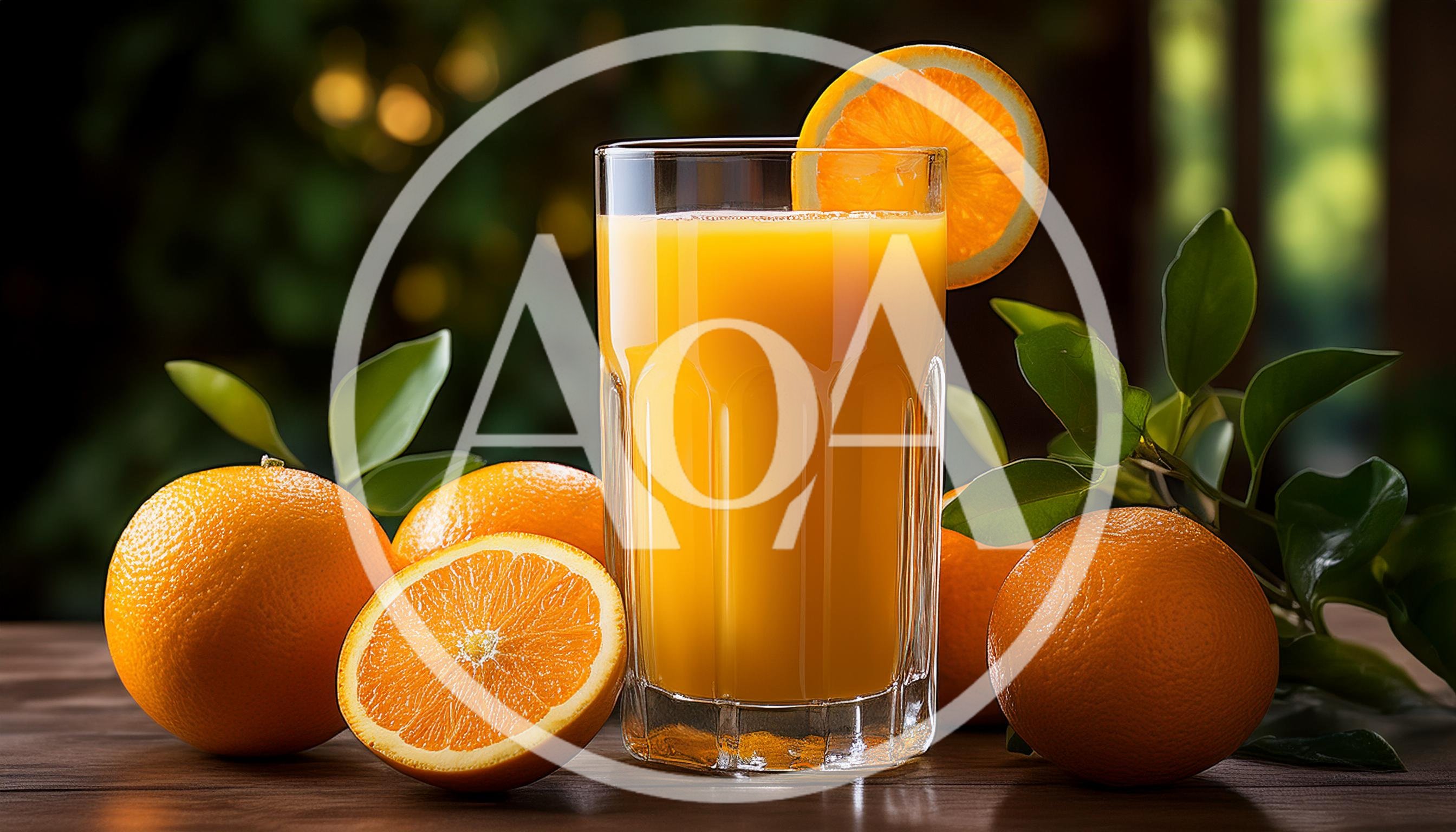 Glass Of Fresh Orange Juice With Whole And Sliced Oranges