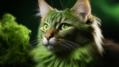 Green Fur Cat Portrait With Mossy Background