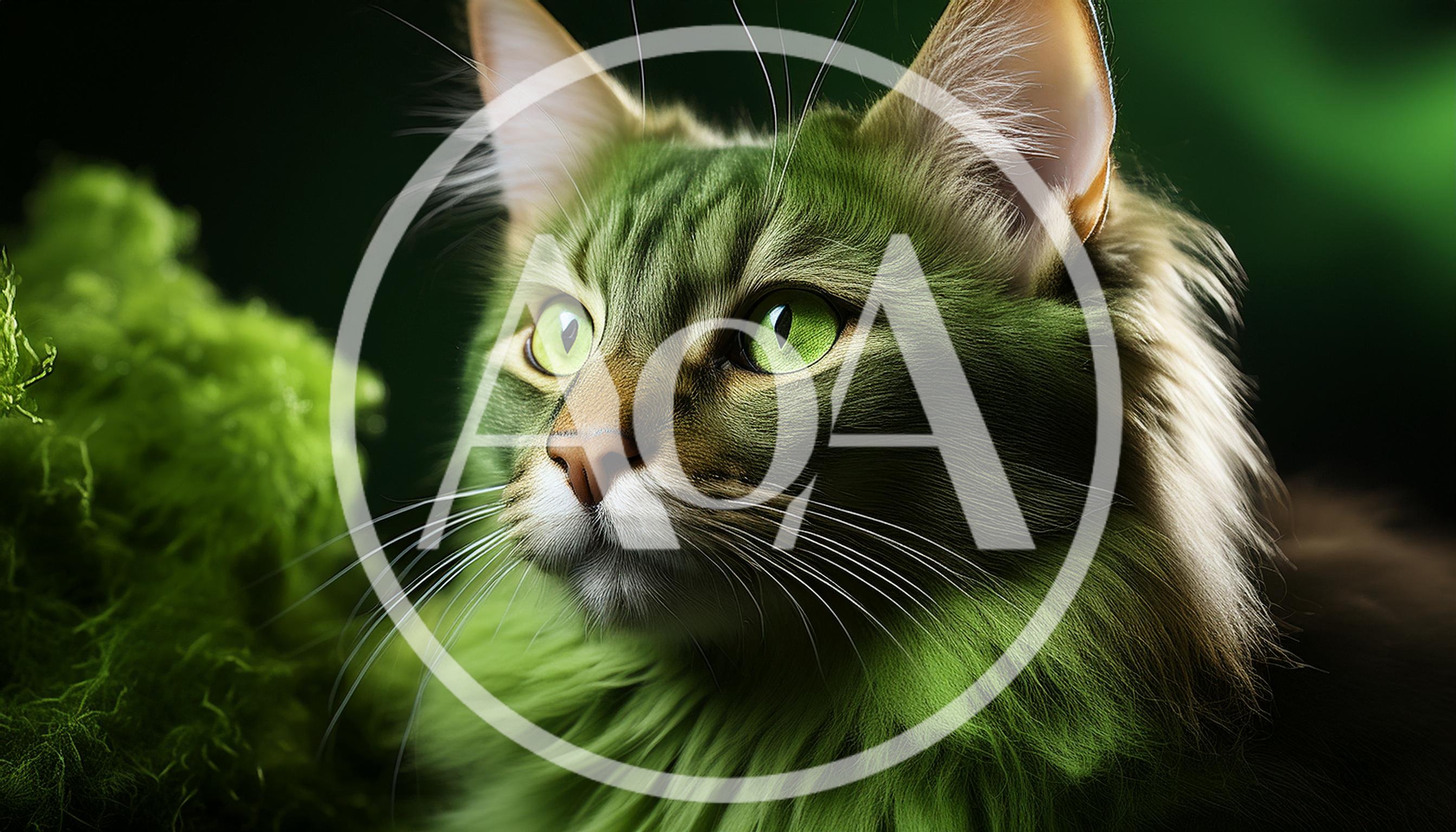 Green Fur Cat Portrait With Mossy Background