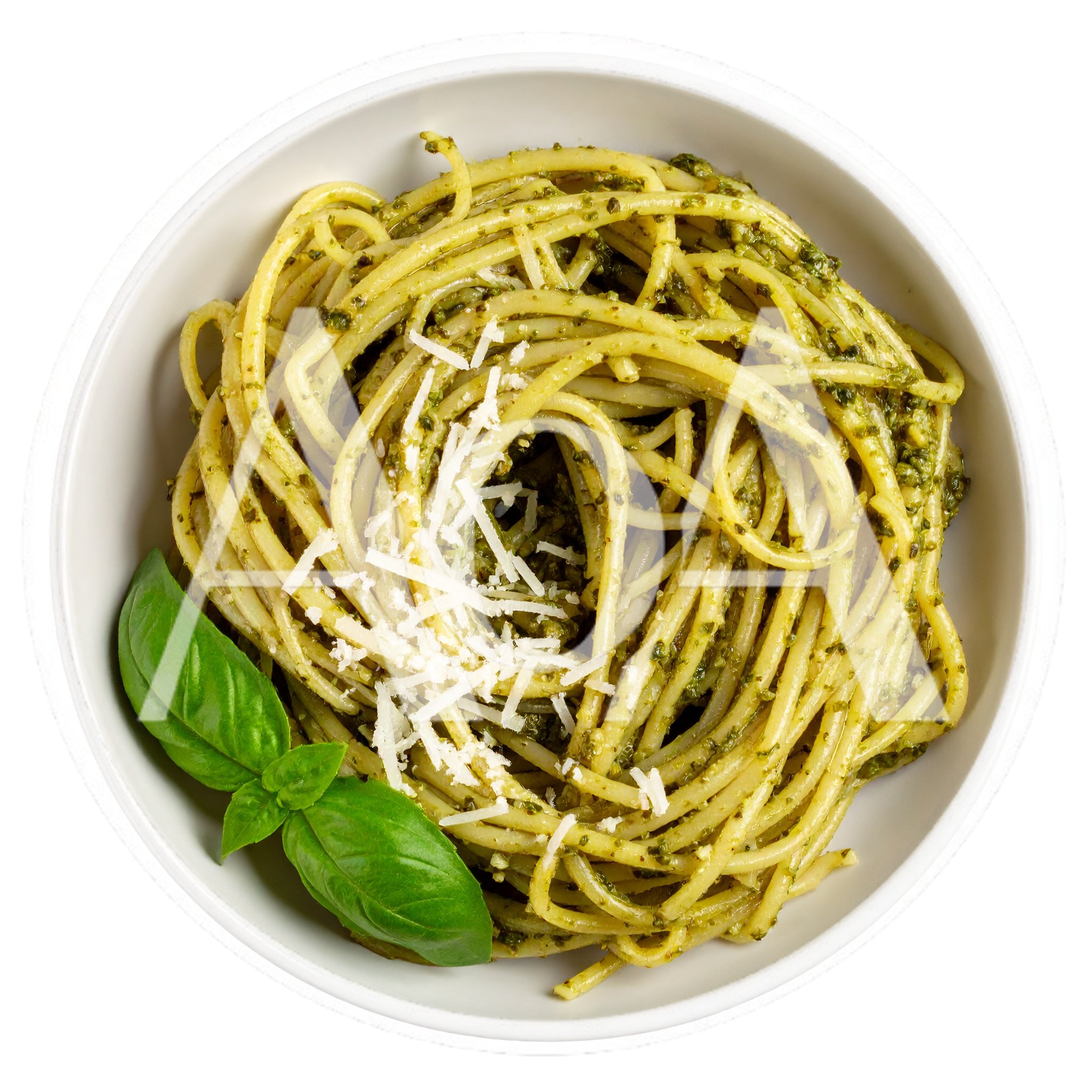 Spaghetti Pasta With Pesto Sauce In A White Bowl