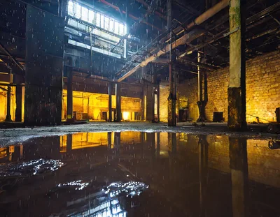 Abandoned Industrial Warehouse Interior With Rain And Reflections