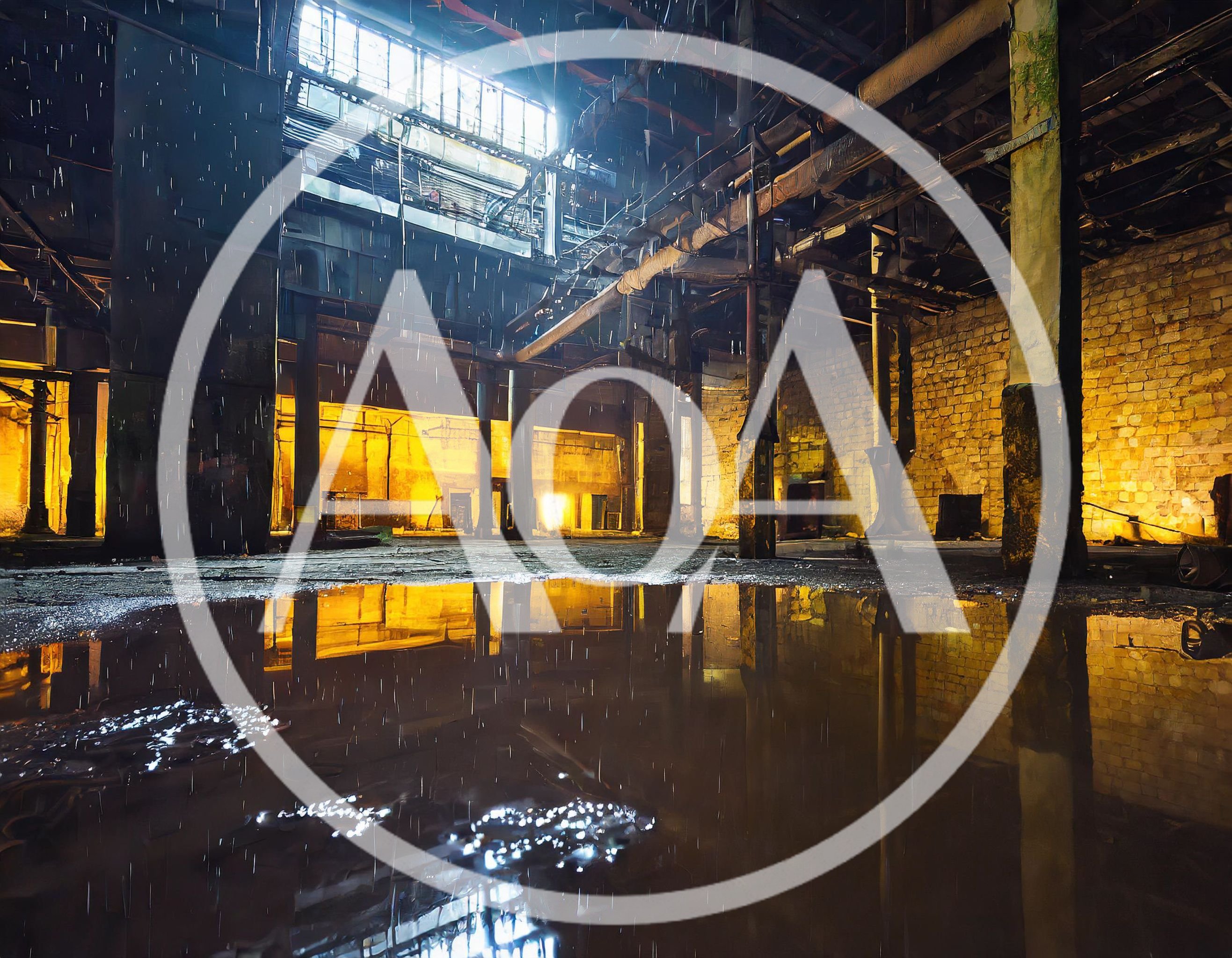Abandoned Industrial Warehouse Interior With Rain And Reflections