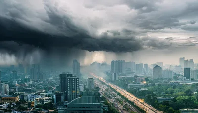 Aerial View Of A Stormy Cityscape With Heavy Rain
