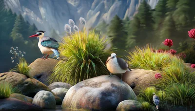 Two Exotic Birds Perched on River Rocks