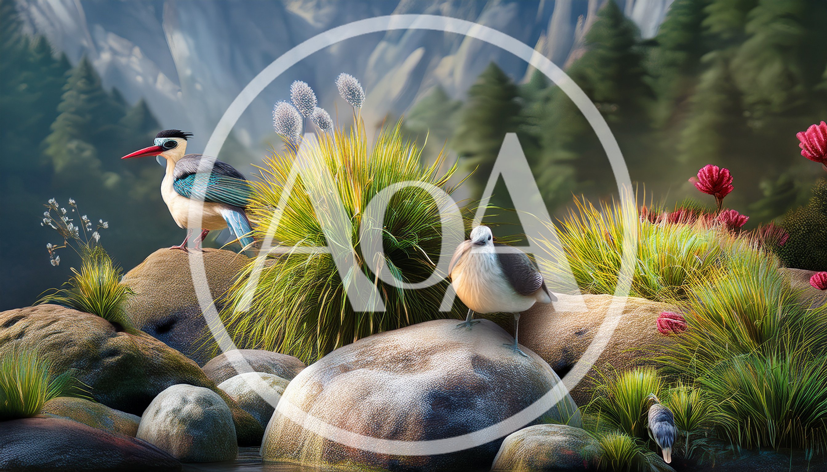 Two Exotic Birds Perched on River Rocks