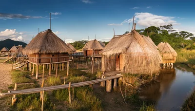Traditional Stilt Houses In A Tropical Wetland Village