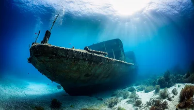 Sunken Shipwreck Resting On The Sandy Ocean Floor