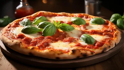 Fresh Margherita Pizza With Basil Leaves On Wooden Board