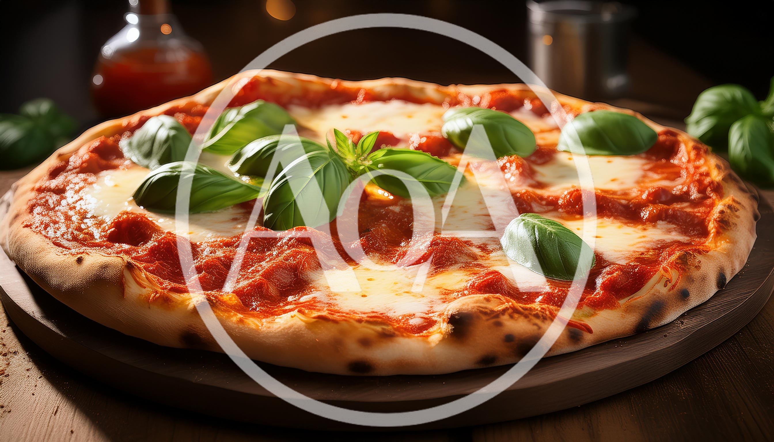 Fresh Margherita Pizza With Basil Leaves On Wooden Board