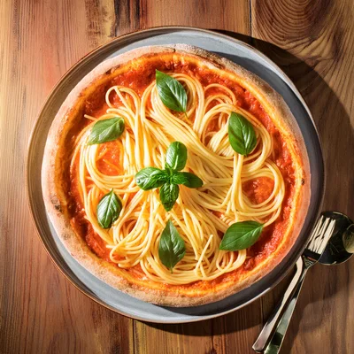 Spaghetti Topped Pizza With Fresh Basil Leaves