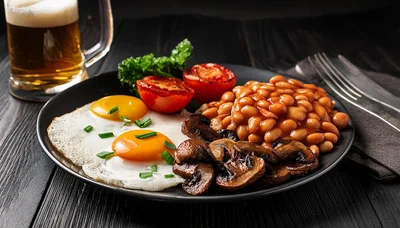 Traditional English Breakfast With Fried Eggs And Beans