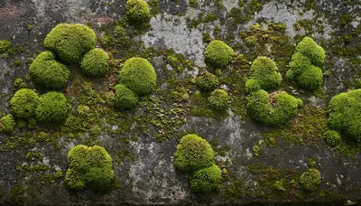 Vibrant Green Moss Growing On Weathered Concrete Wall
