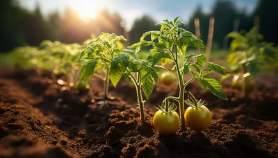 Young Tomato Plants Growing In A Sunny Garden